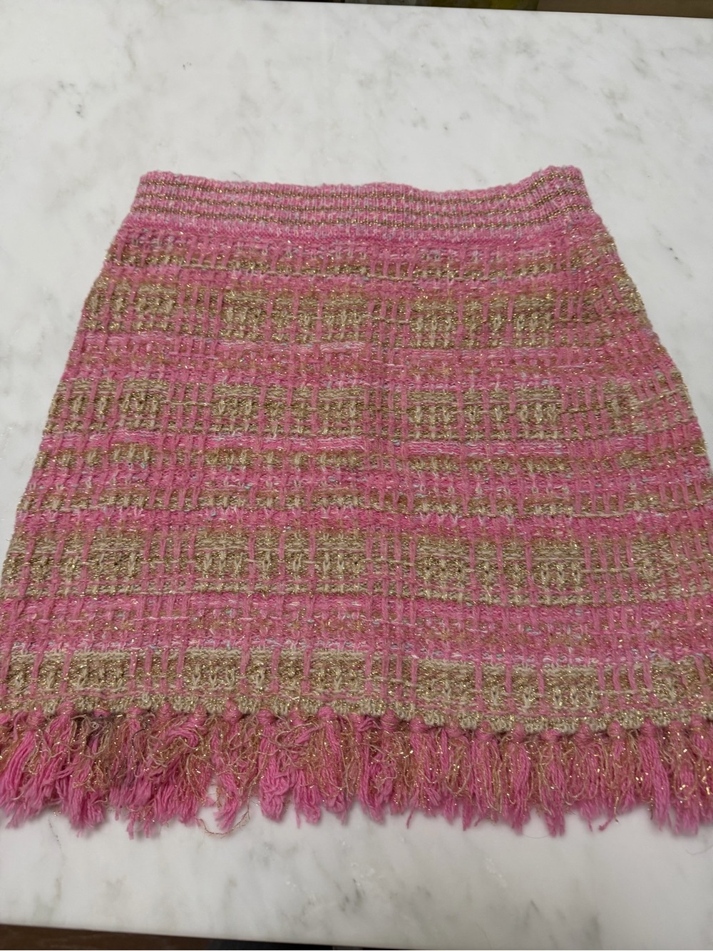 LoveShackFancy Pink and Gold Tweed Fringe Mini Skirt